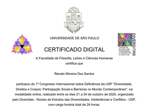 certificado participação 1º Congresso Internacional sobre Deficiência da USP